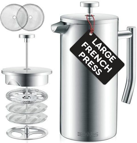 Belwares French Press Kaffeebereiter – Große 1,4 l 6 Tassen, 304 Edelstahl-Kaffeepresse, doppelwandige isolierte Wärmespeicherung, 4-stufige Filtration für glatten, bodenfreien Kaffee, 2 zusätzliche
