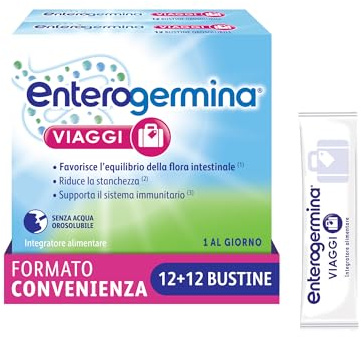 Enterogermina Viaggi, Fermenti Lattici Probiotici per Adulti, 24 Bustine | Integratore con Vitamina B12 e Vitamina D per Flora Intestinale in Viaggio, Stanchezza e Sistema Immunitario, Gusto Fragola