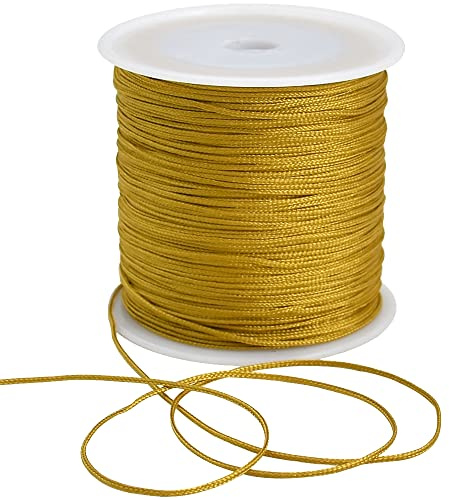 TONIFUL 1mm x 100 Yards Gold Nylon Cord Satin String for Bracelet Jewelry Making Rattail Macrame Waxed Trim Cord Necklace Bulk Beading Thread Kumihimo Chinese Knot Craft