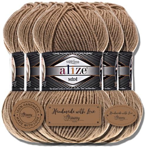 Hobby YARN 3x Etikettenlabel mit Alize Superlana Midi Wolle Premium 5x100g als Set, Yarn, Garn, Strickgarn, Einfarbig, Baby, zum Häkeln, Stricken, Kleidung, Schals (Dark Beige | 466)