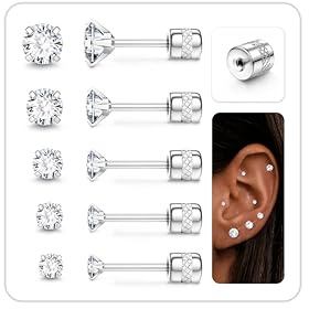 CASSIECA 5 Paires Zirconium Boucles d'Oreilles à Visser pour Femme Homme Boucles d'Oreilles Acier Inoxydable Hypoallergenique Boucles d'Oreilles Femmes Tragus Helix Piercing pour Oreilles Sensible