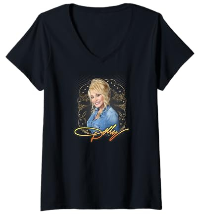 Womens Dolly Parton Denim Smile V-Neck T-Shirt