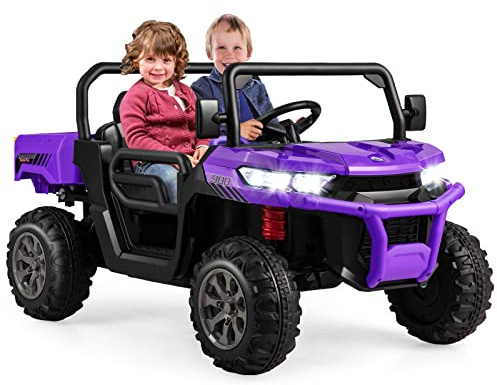 COSTWAY 12V Auto Elettrico per Bambini, Trattore Elettrico con Scatola di Scarico, Macchina Elettrica con Pala Telecomando e Musica, Modalità a Dondolo, Regalo per Bambini 3-8 Anni, 3-8 km/h (Viola)