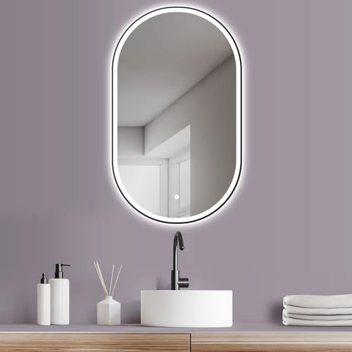 HOKO LED Design Bad Spiegel oval 45x75 cm / 75x45 cm Brescia+ Metall Rahmen Schwarz. HOCH+QUER Montage. Lichtspiegel, auch Schminkspiegel+Touch Schalter+Licht Wechsel-Warmweiß-Kaltweiß-Neutral