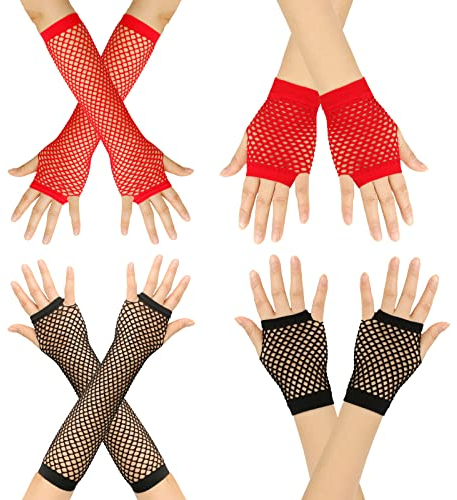WUDQIJI Lang und Kurz Fischnetz Handschuhe 4 Paar Netz Mesh Handschuhe Rockige Netzhandschuhe Fischnetz Handschuhe Fingerlose Netzhandschuhe für Partyzubehör Karneval Mottoparty(Schwarz, rot)
