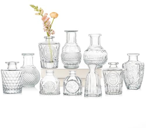 Oairse Glass Bud Vase Set of 10 Clear Mini Vintage Bottles for Floral Arrangements, Decorative Embossed Small Vases for Wedding Centerpieces, Table Decoration, Party, Home Room Decor
