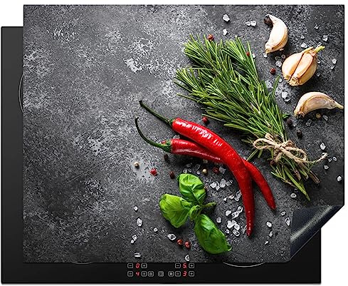 KitchenYeah© Protege Plaque Induction Decoration Cuisine Tapis de | 65x52 cm - Protection Pour Plan De Travail Cuisson Protégé Poivre - Herbes - Epices - Béton