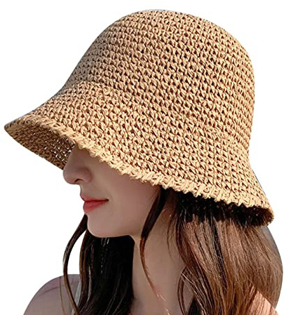 Fischerhut Damen, Sonnenhut Damen aus Luftig Gewebtem Papierstroh Bucket Hat Faltbarer Anglerhut Stroh Sommerhut Frauen Outdoor UV Schutz Fischerhüte Beige Eimer Hüte Fischerhut 56-58cm