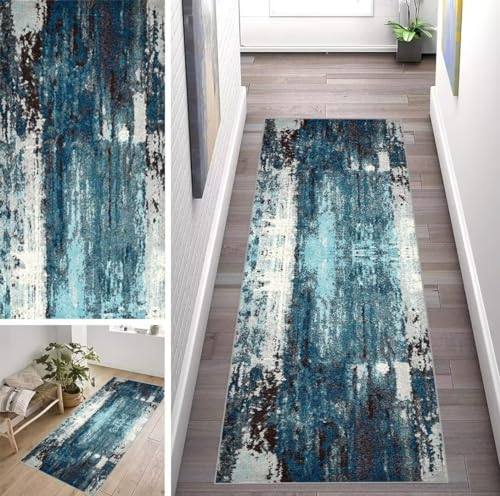 ZUZEKU Abstrakte Läufer Flur Küche Waschbar rutschfest 40X120cm Vintage Blau Lang Küchenteppich Flurteppich Teppich Fur Korridor Wohnzimmer Schlafzimmer Meterware Anpassbar