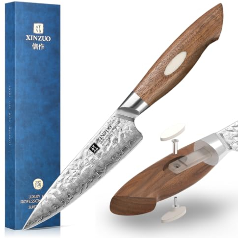 XINZUO AUS-10 Japanisches Stahl 13cm Universalmesser, Damaststahl Allzweckmesser Hammerschlagoberfläche Obstmesser Küchen, Multifunktions Schälmesser Koch Gemüsemesser -Schwarz Walnuss Holzgriff