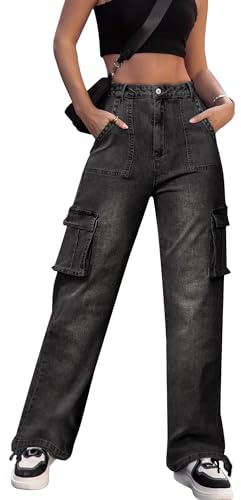 ZMPSIISA - Pantaloni da donna in denim, a vita alta, cargo, a gamba larga, pantaloni casual 6 tasche, pantaloni militari da combattimento (denim nero, XS)