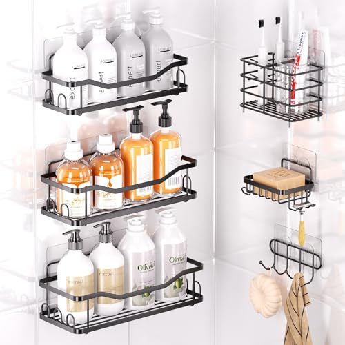 Slibentp 6 Pcs Etagere Douche Sans Percage,Etagere Salle de Bain,Rangement Salle de Bain Accessoire Bain Organisateur de Salle de Bain Avec Paniers de Douche,Porte-savon,Porte-brosse à dents, Crochet