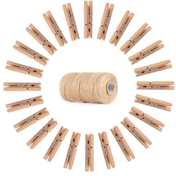 Whakano 100 x Mini-Holz-Klammern + 100 Yards Juteschnur,Mini Holz Wäscheklammern,Deko Holzklammern,für Adventskalender,Fotos Basteln,Fotowand Display,Postkarten und DIY Handwerks,Holzfarben-Set,7,3cm