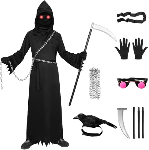 Formemory Sensenmann Halloween Kostüm Kinder Herren 8 Pcs Halloween Kostüm Kinder Jungen mit Brille Sense Kette Gürtel für Halloween Cosplay (Schwarz + Krähe Zubehör, M)