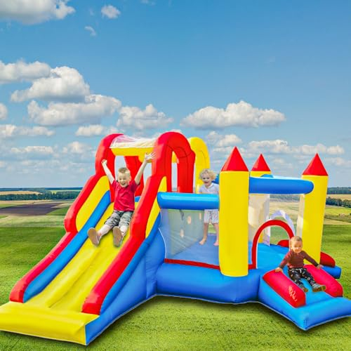 Ballsea Hüpfburg, Aufblasbare Hüpfburg mit Langer Rutsche, Indoor/Outdoor Spielplatz, Sicherheitszertifiziert, Mehrere Spielbereiche, für Kinder 3-10 Jahre, 375 x 305 x 195cm (mit Gebläse)