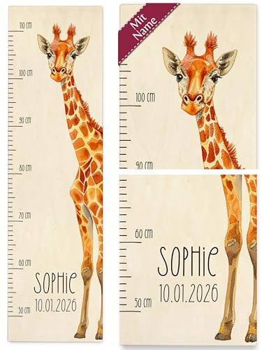 Messlatte Kind Holz - Kindermesslatte niedliche Giraffe mit Name und Datum I Süßes Giraffenmotiv I Süße Giraffe - 50-110 cm - Holz - giraffen-messlatte giraffen maßstab girafe