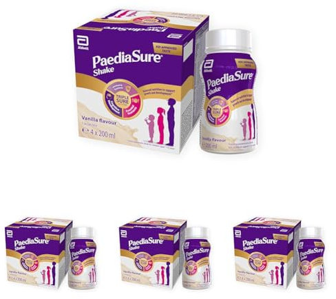 PaediaSure Shake Ready-to-Drink Bottles, 4 x 200ml, Vanilla Flavour, Supplement for Kids with 26 Vitamins & Minerals, Vitamin D, Iron & Protein, Supports Kids’ Healthy Growth & Immunity (Pack of 4)
