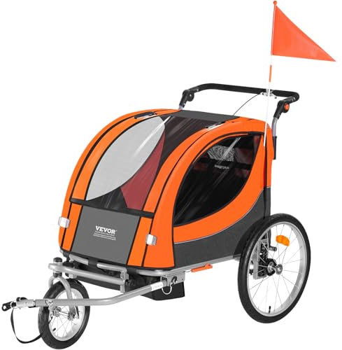 VEVOR Remorque de vélo pour Enfants, siège Double, Charge 40 kg, Porte-auvent 2en1 transformant en Poussette, remorque de vélo Pliable pour Tout-Petits avec attelage de vélo Universel, Orange Gris