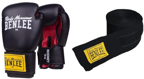 BENLEE Boxhandschuhe aus Artificial Leather Rodney Black/Red 14 oz & Elastische Boxbandage 3,0m