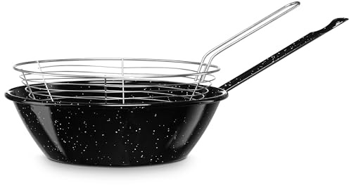 briebe Sartén Freidora con Cestillo Inducción 26 cm Acero Esmaltado, Sartén Honda Bordonada 3,8 L, Apta Vitrocerámica, Fuego, Gas, Horno, Levante Negro Jaspeado
