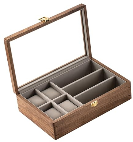muso wood holz Uhrenbox mit 4+3 Fächern - Uhrenkasten Brillenhalter aus luxuriös massives nordamerikanisches Walnussholz, Uhrenaufbewahrung mit Glasfenster Brillenaufbewahrung 30.6 * 20.5 * 8.5cm