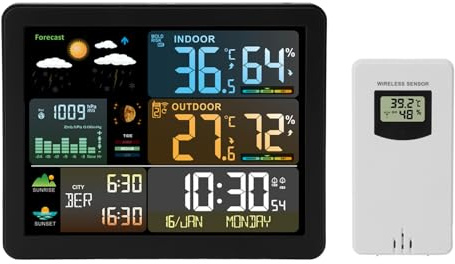 Home Weather Station, Digital Indoor Outdoor Thermometer, Temperature and Humidity Monitor with Color Display, Weather Forecast, Time, Atomic Clock, Moon Phase, Barometer