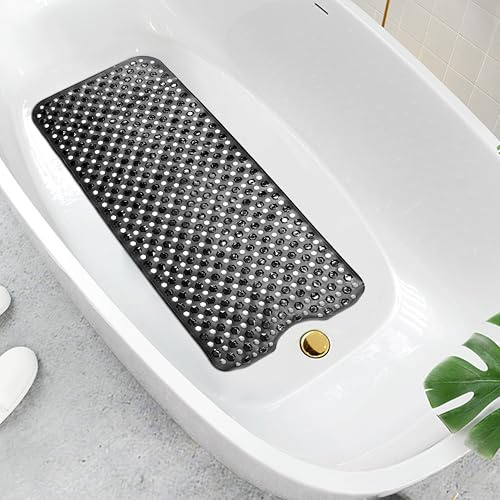 Non Slip Bath Mat and Shower Mat for Bathroom Extra Long Bathtub Mat with Strong Suckers and Drain Holes Machine Washable Mat - Black - 40 x 100 cm
