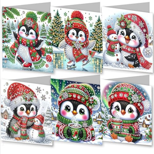 Lebartm 6Stück DIY-Grußkarte Diamant-Kunstmalerei Kreatives Design Dankeskarten Segensgeschenk Klapp-Grußkartenset für Geburtstag Weihnachten Basteln Geschenk-Pinguin