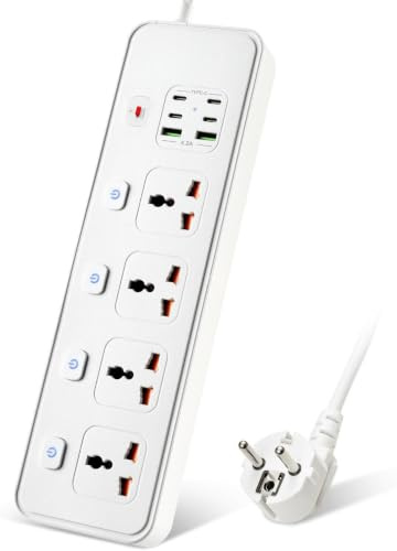 Steckdosenleiste Universal Mehrfachsteckdose mit Einzeln Schaltbar, Universalsteckdosen mit USB und 4 Steckdosen, Max 3250W 2M Verlängerungskabel Kompatibel mit EU US UK AU CN JP Stecker (Weiß)