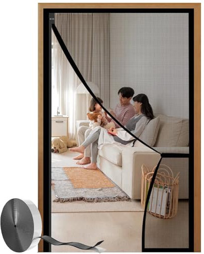 Fliegengitter Balkontür Schwarz W95xH220cm(37x87inch) Rechten &Linken Öffnungs Fliegengitter Tür Magnet,Vorder- und Rückseite sind universal Insektenschutz Balkontür,Kein Bohren