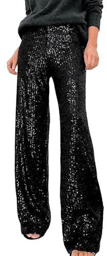 Fiacafyo Damenweite Hose mit Glitzer-Pailletten und hoher Taille, weitbeinige Hose, glänzende Hose, Bling Bell Bottom Party Clubwear, A-schwarz, S