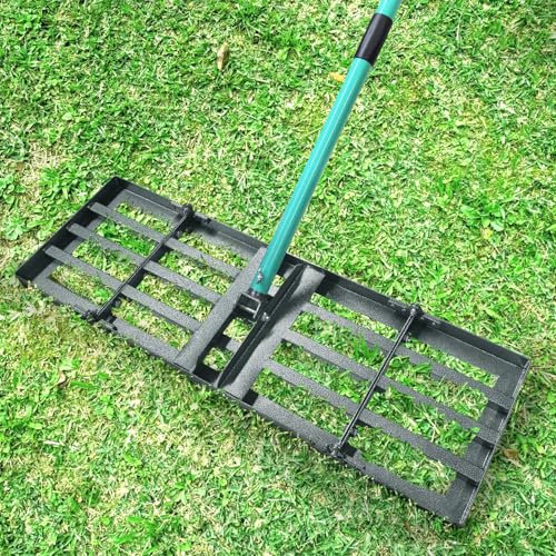 Breeze Touch Rastrillo nivelador de césped de 48 x 10 pulgadas, plato pesado y plegable, rastrillo nivelador de patio resistente con mango ajustable de acero inoxidable de 77 pulgadas, herramientas de