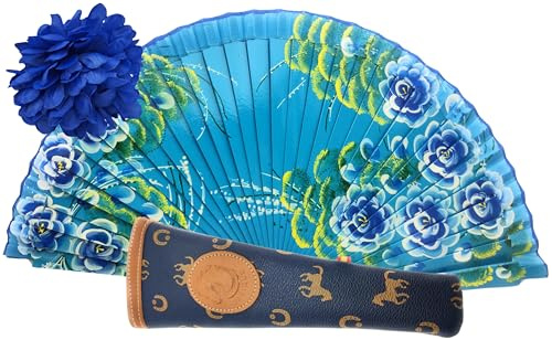 Planta Color Abanico de Madera con Flores Pintadas a Mano. Incluye una Funda para Proteger el Abanico. Pinza de Pelo con Diseño de Flor para Complementar tu estilo (Azul)