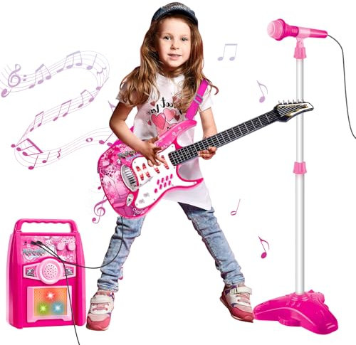 deAO Ensemble Microphone et Guitare pour Enfants, Micro avec Support Réglable, Kit Débutant Guitare Jouet avec 6 Chansons Démo - 72,5 cm, Jouet Musical Karaoké à Lumières, Cadeau pour Filles 3 Ans+