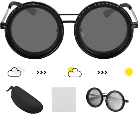 Sonnenbrille mit Einstellbarer Tönung, 1-9 Gänge Runde Verstellbare Sonnenbrille mit ND-Filter Gläsern, Polarisationsbrille Abgerundeten Gläsern, Strandsonnenbrille für Herren, Edelstahl Material