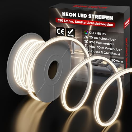 Shine Decor Neon LED Streifen 20m, AC 230V IP65 Wasserdicht LED Band, 120 leds/m Flexible LED-Neon Lichterketten für Home Decoration Küche Garten Beleuchtung (20M, Neutralweiß, CE Zertifiziert)