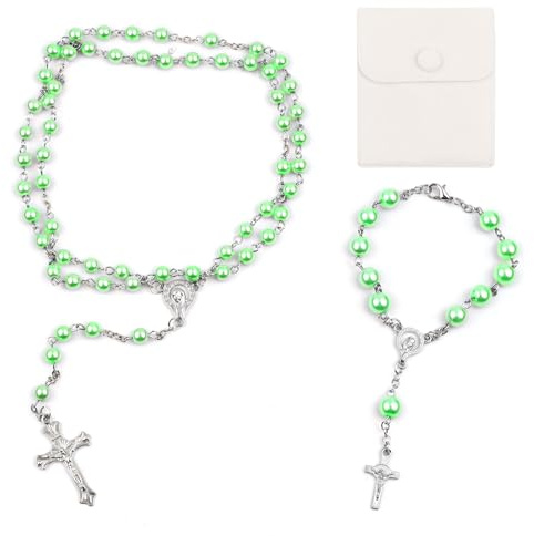 PLCatis Katholische Rosenkranz Armband und Halskette, Vintage Kruzifix Perlen Grün, Christliche Gebet Perle mit Samtbeutel, Taufe, Kommunion, Rosenkranz, Hochzeit, Party, Perla 8 mm