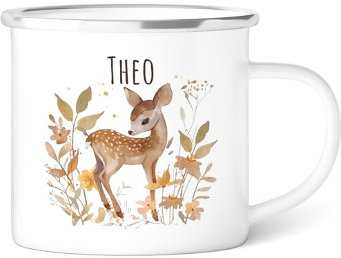 GRAVURZEILE Emaille Tasse für Kinder - Waldtiere Reh - Personalisiert mit Namen - versch. Tiermotive zur Auswahl - 300 ml - Trinkbecher für Kinder - Geschenk für Jungen & Mädchen