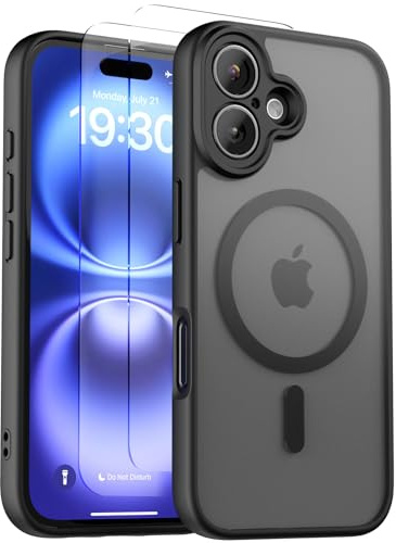 CLFZON für iPhone 16 Hülle (Kompatibel mit MagSafe) mit 2 Schutzfolie, (Vollständiger Kameraschutz) Kratzfest Transluzente Rückseite Magnetisch Handyhülle, Schwarz