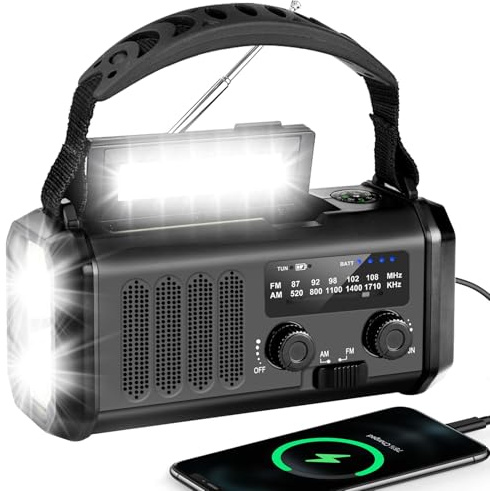 YIKANWEN Kurbelradio mit 20000mAh Akku Wiederaufladbare, Tragbar Solar Radio Dynamo Radio mit AM/FM, Power Bank,LED Camping Licht,SOS-Alarm,Kompass (Schwarz)