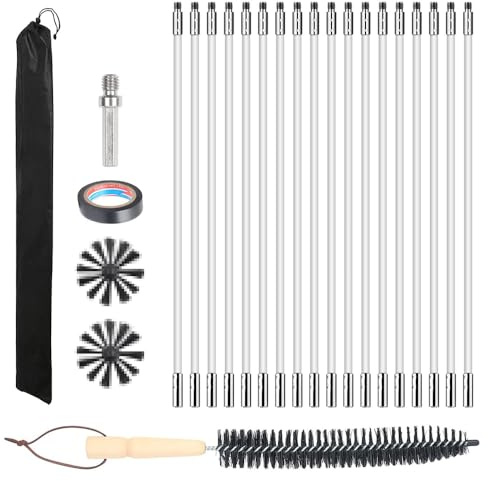 Rakuker Spazzole per Camino, Pulizia Canna Fumaria, Spazzacamino Canna Fumaria con 18 aste flessibili da 410 mm, 2 testine, connettori e Accessori per Camini Tubi Asciugatrice (100mm)