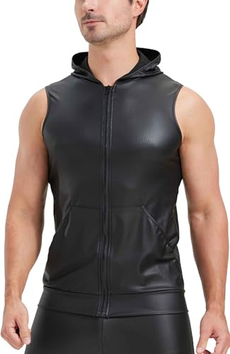 FEOYA Latex skjortor män ärmlös linne undertröja sexig wetlook t-shirt latexliknande män svart PU-läder ärmlös erotiska toppar män topp, A3, M