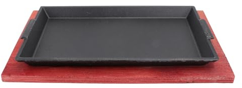 IWOWHERO Padella in Ghisa Antiaderente per Bistecca e Verdure Teglia da Forno per Gas e Induzione Piastra Teppanyaki Rettangolare con Base in Legno Utensile per BBQ e Cucina Familiare