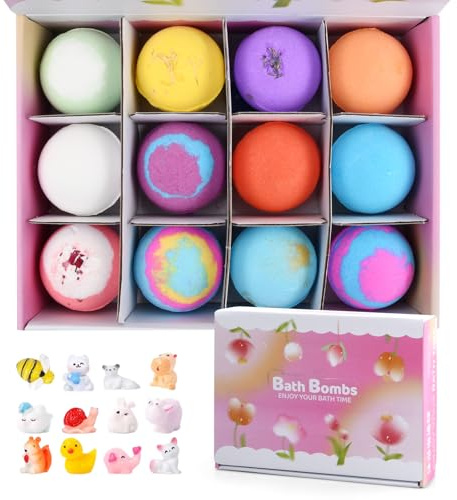 Ecofocet 12 Piezas Set de Regalo de Bombas de Baño con Juguetes Sorpresa, Naturales Bombas de Baño para Niños, Bolas de Baño Relajantes, Regalo para Niñas, Niños y Mujeres