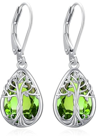 Eusense Boucles d'Oreilles Pendantes Goutte d'Eau en Cristal avec Arbre de Vie et Filigrane Incrustation de Pierres Lune, Améthyste, Péridot et Grenat, Bijoux pour Femme, Cadeau d'Anniversaire
