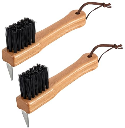 Singhoow 2 Pcs Shoe Sole Brush, Stiff Bristle Boot Brush with Spike, Wood Handle Cleat Cleaner Scrubber Mud Remover Rugged Cleaning Tool for Golf Football Soccer Outsole Muddy Boot Farm Outdoor Hiking