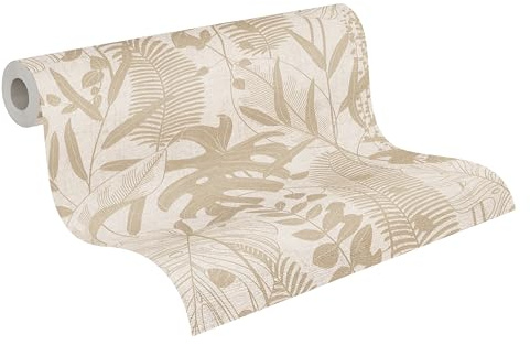 A.S. Création Papier peint intissé avec motif de feuilles de palmier en beige, crème, métallisé – papier peint jungle exotique 10,05 m x 0,53 m – 791641