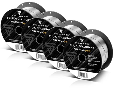 STAHLWERK FLUX Fülldraht Ø 0,9 mm E71T-GS – 4 Stück je 0,45 kg D100-Spule | für 16 mm Dorn, universell einsetzbar, selbstschützender Schweißdraht, Schweißen ohne Gas, geeignet für viele MIG/MAG-Geräte