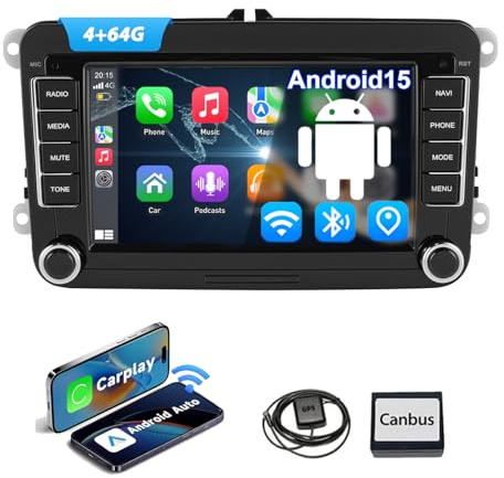 ESSGOO True 4+64G Android15 Autoradio mit Wireless Carplay und Android Auto | Für VW Golf 5 6 Polo Passat Caddy Touran B6 Tiguan Seat,7 zoll Touchdisplay Bluetooth GPS Navi WiFi FM/AM RDS SWC Mirror Link