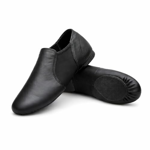 iKelpie Slip On Black Jazz Dance Shoes – Soft Leather Split Sole, Flexible Neoprene Upper, Rubber Heel – Lightweight Modern Stage Dance Shoes for Kids & Adults Adult 1